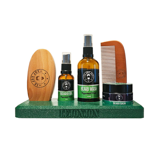 beard products in green stand