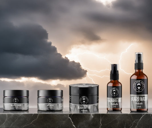 beard products on marbe bench