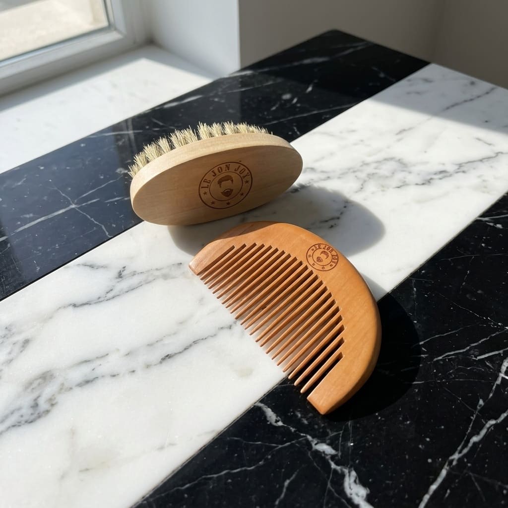Small travel beard brush and comb lifestyle image