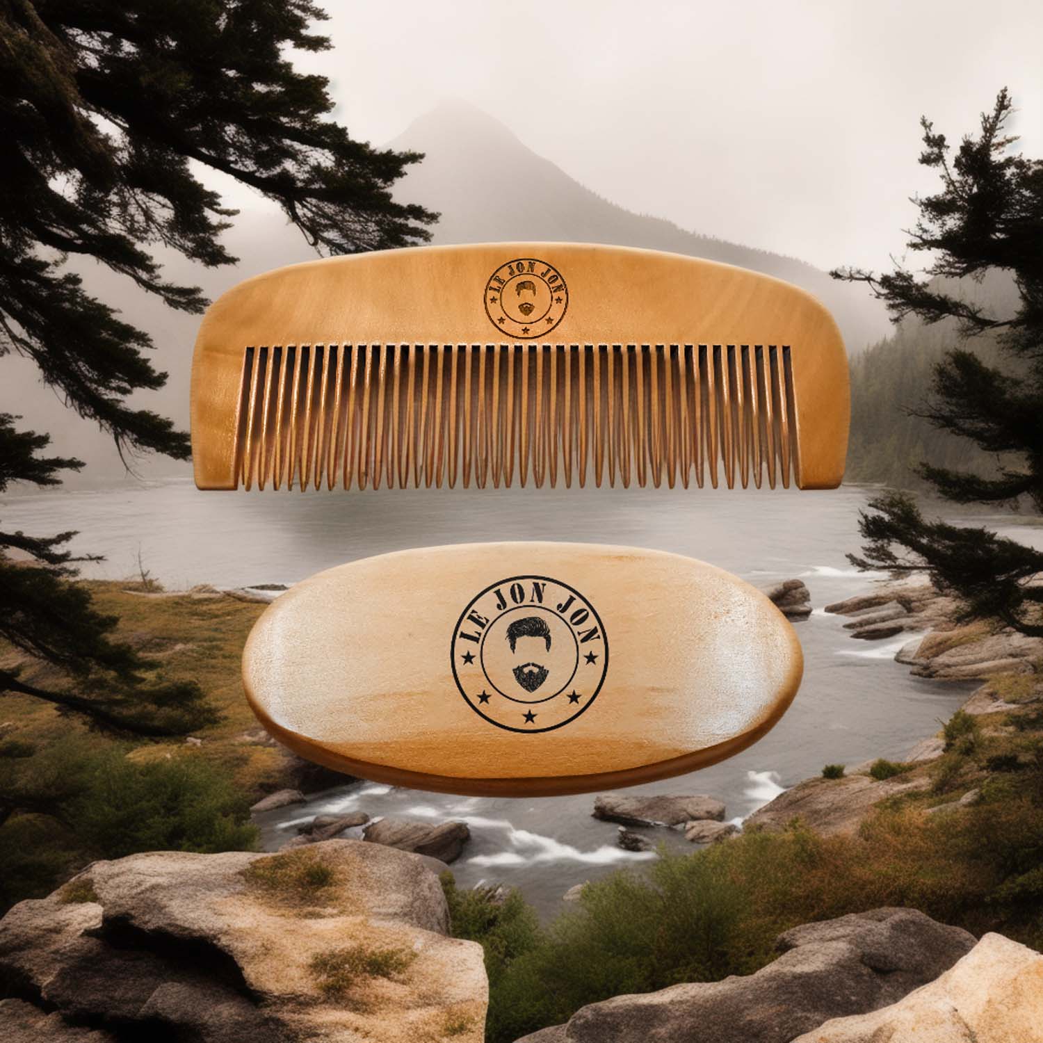 Beard brush and comb in front of nature