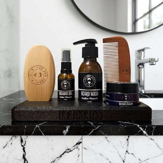 beard products on black stand