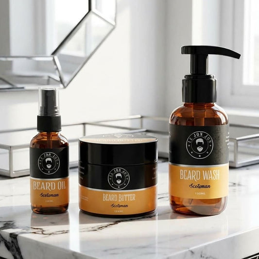 beard products with orange stand