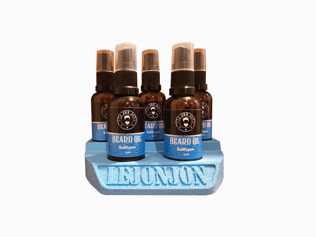 beard oils in blue stand