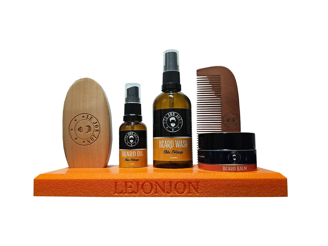 beard products with orange stand