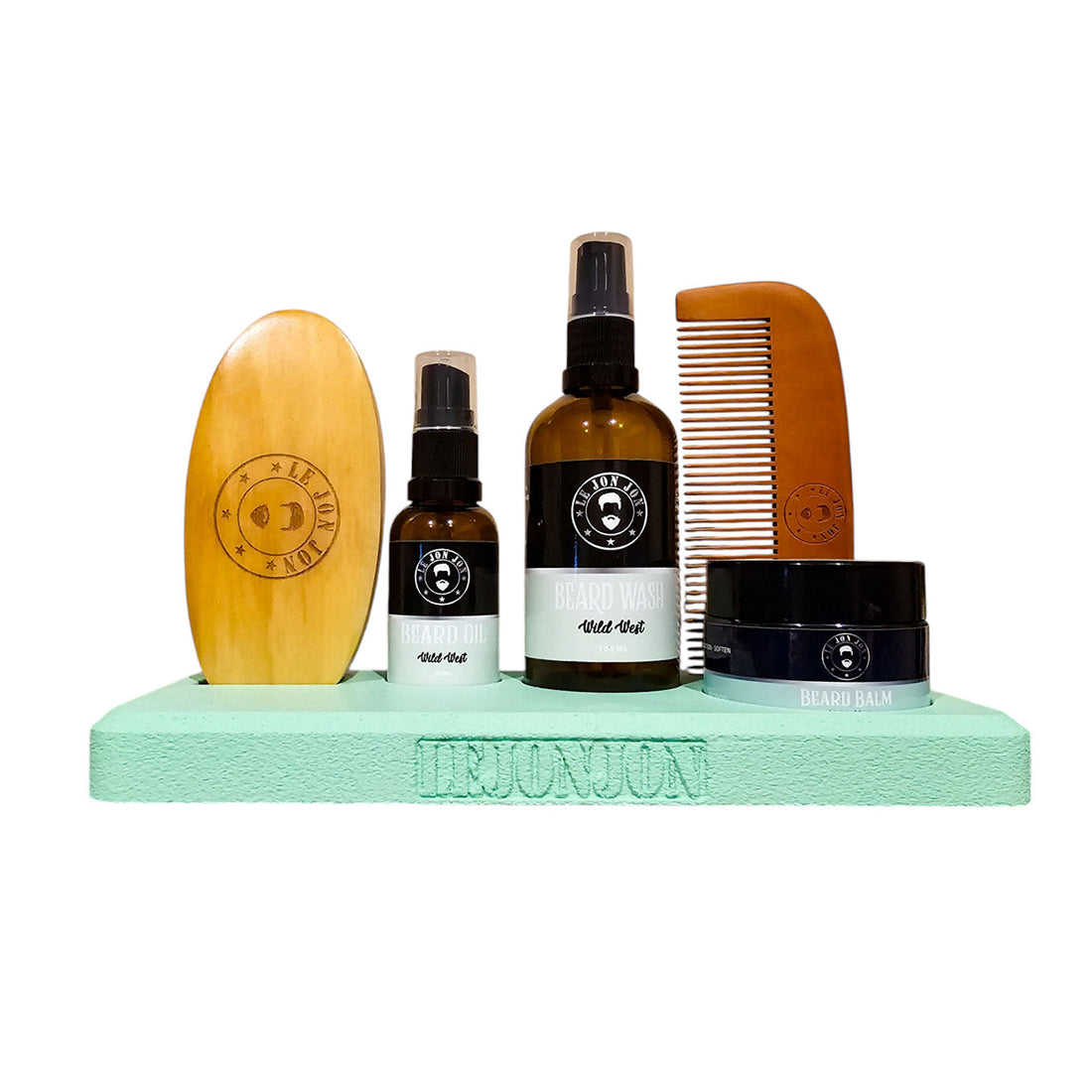 beard products on green stand