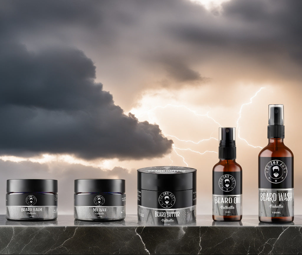 beard products on marbe bench