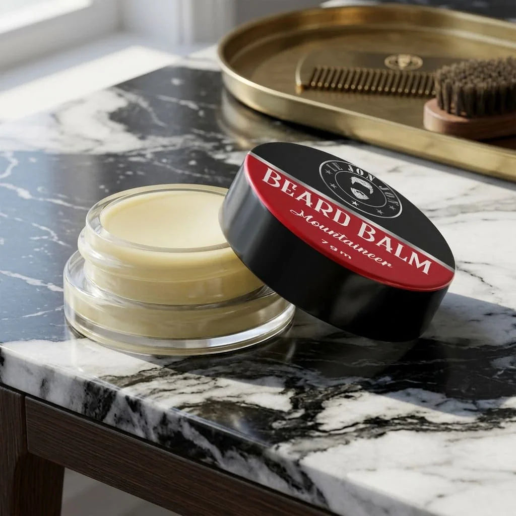 Beard balm jar with red mountaineer sticker on lid