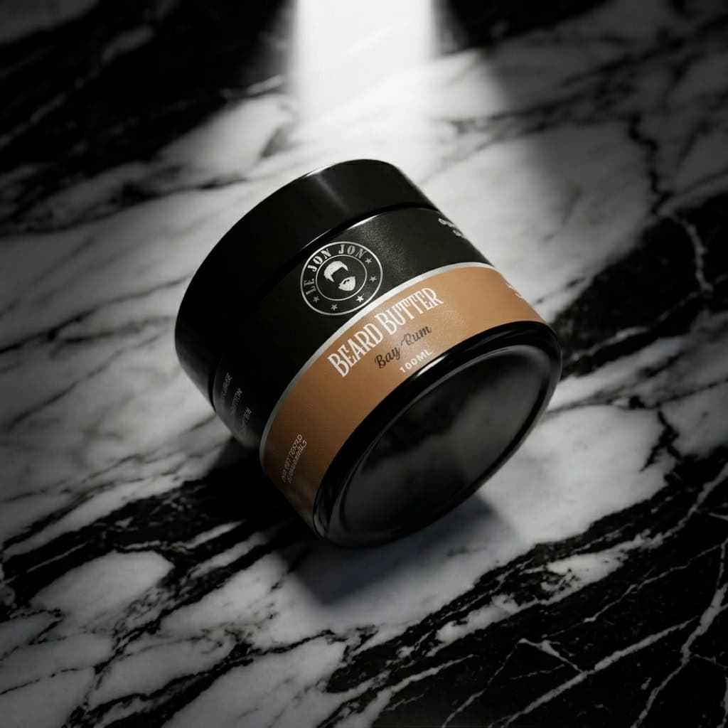 Bay rum beard butter lifestyle image top view