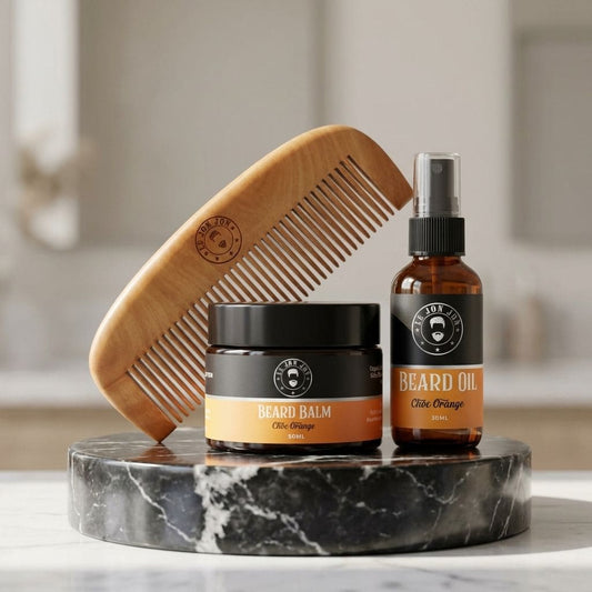 Beard care Kit with oil comb balm lifestyle image