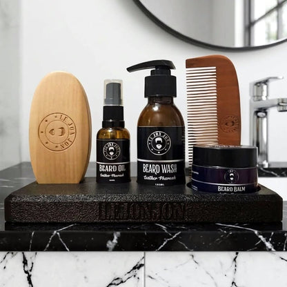 Beard kit and product stand lifestyle image