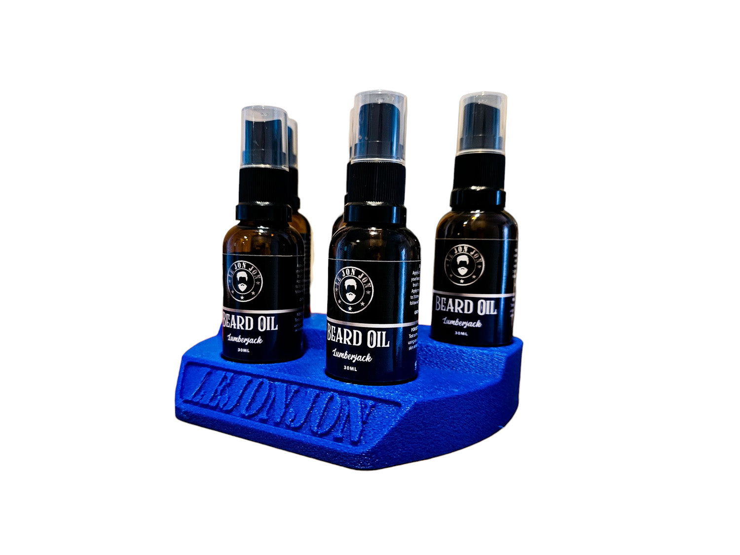Beard Oil blue stand slightly angled