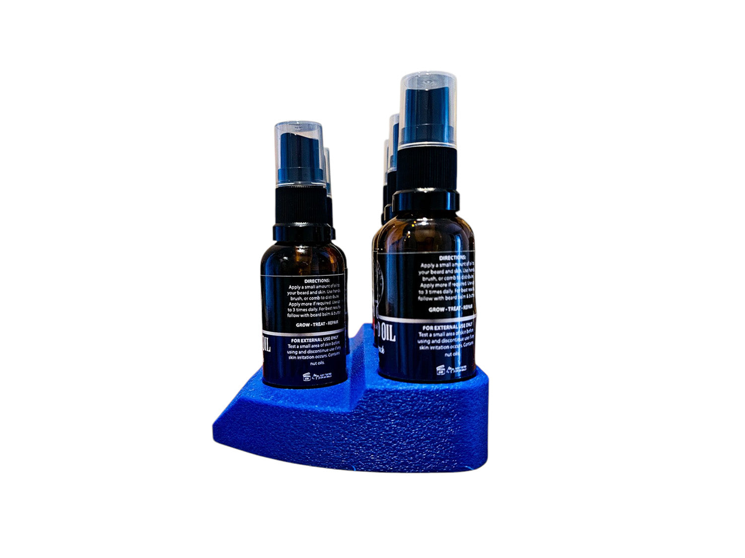 Beard Oil blue stand side angle