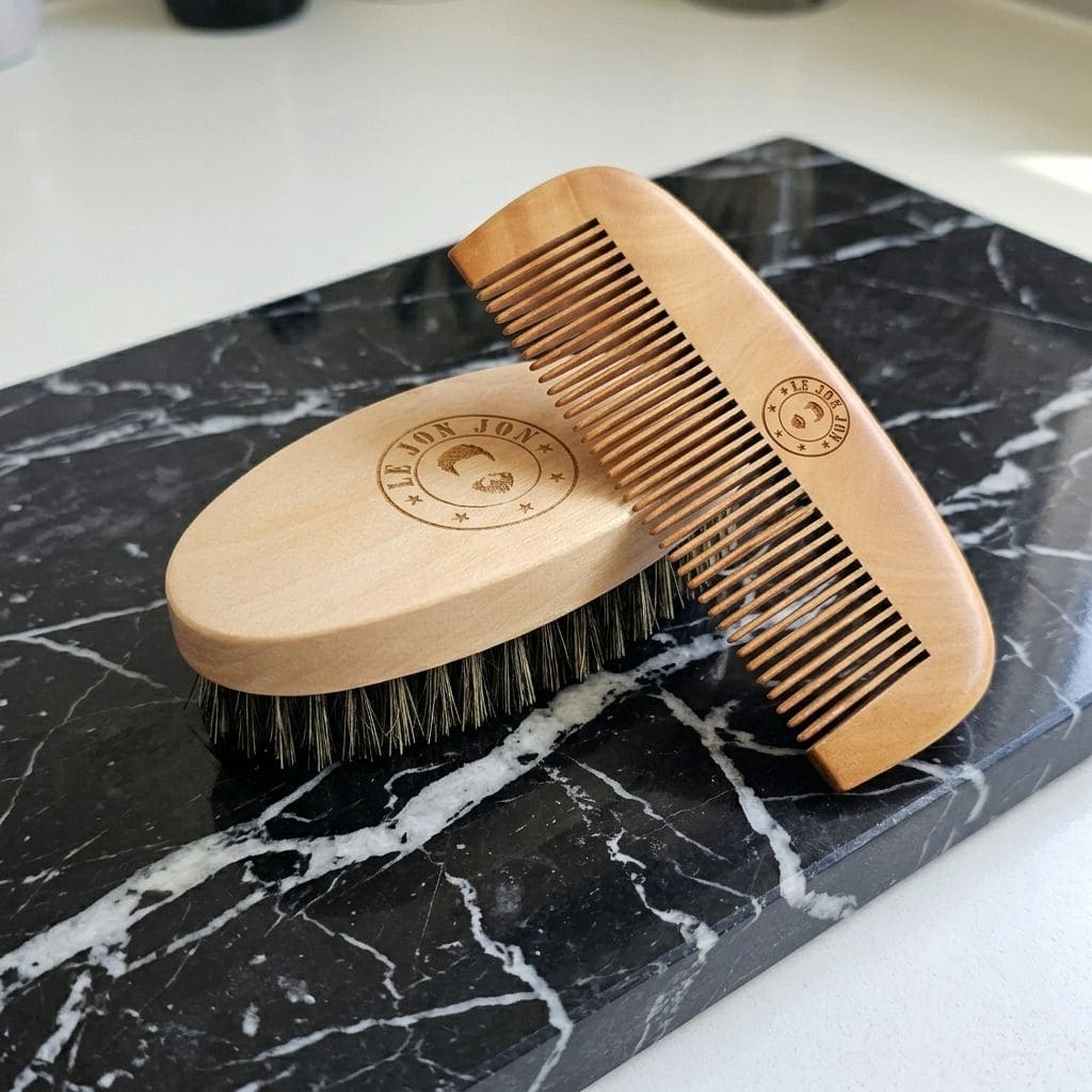 Boar bristle beard brush and comb together