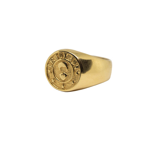 Gold signet ring with logo