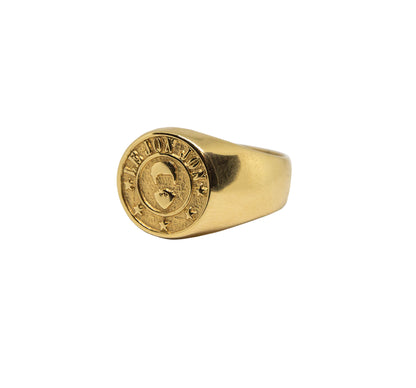 Gold signet ring with logo