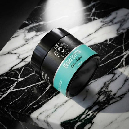Oak and Amber beard butter lifestyle image top view