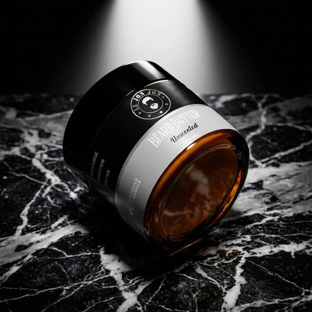 Unscented beard butter lifestyle image top view