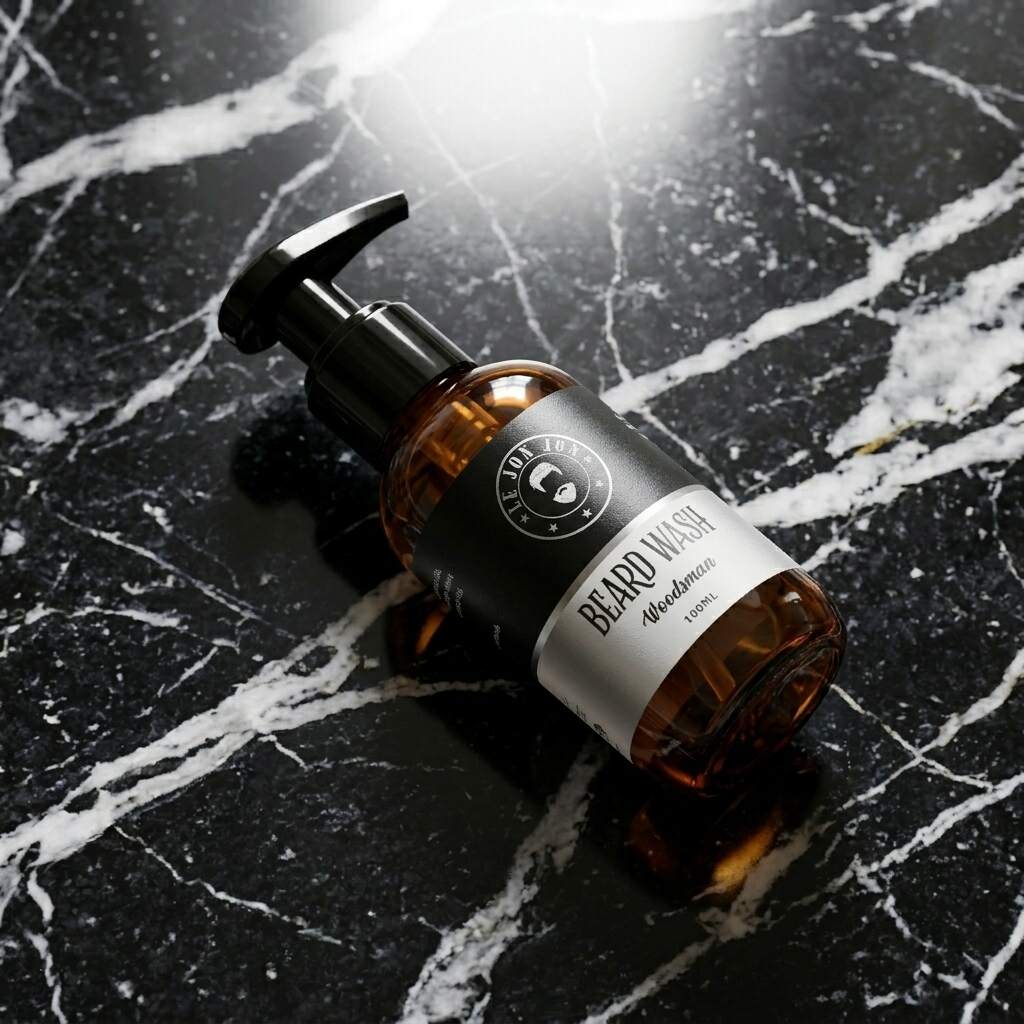 Woodsman beard wash lifestyle image top