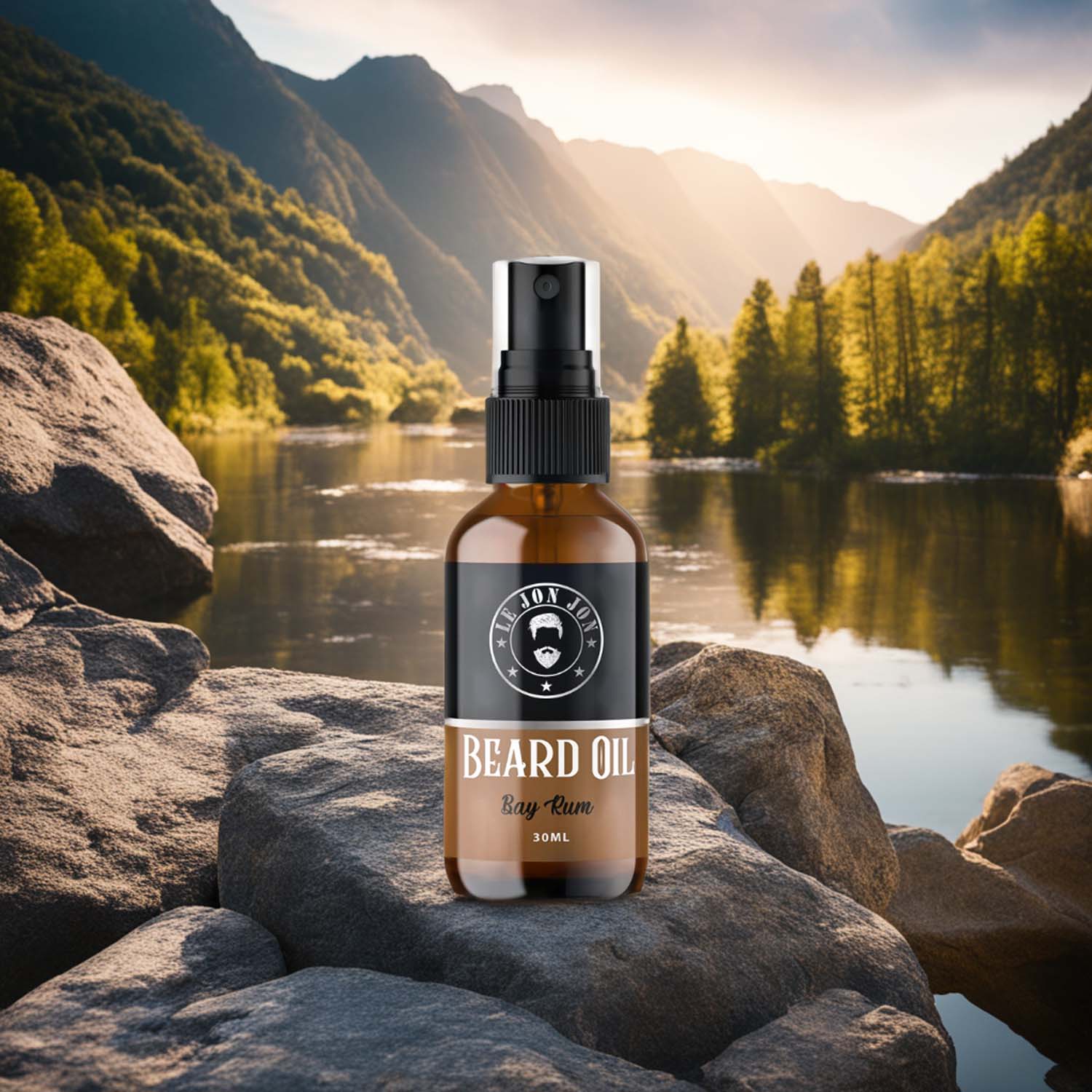 beard oil bottle infront of nature